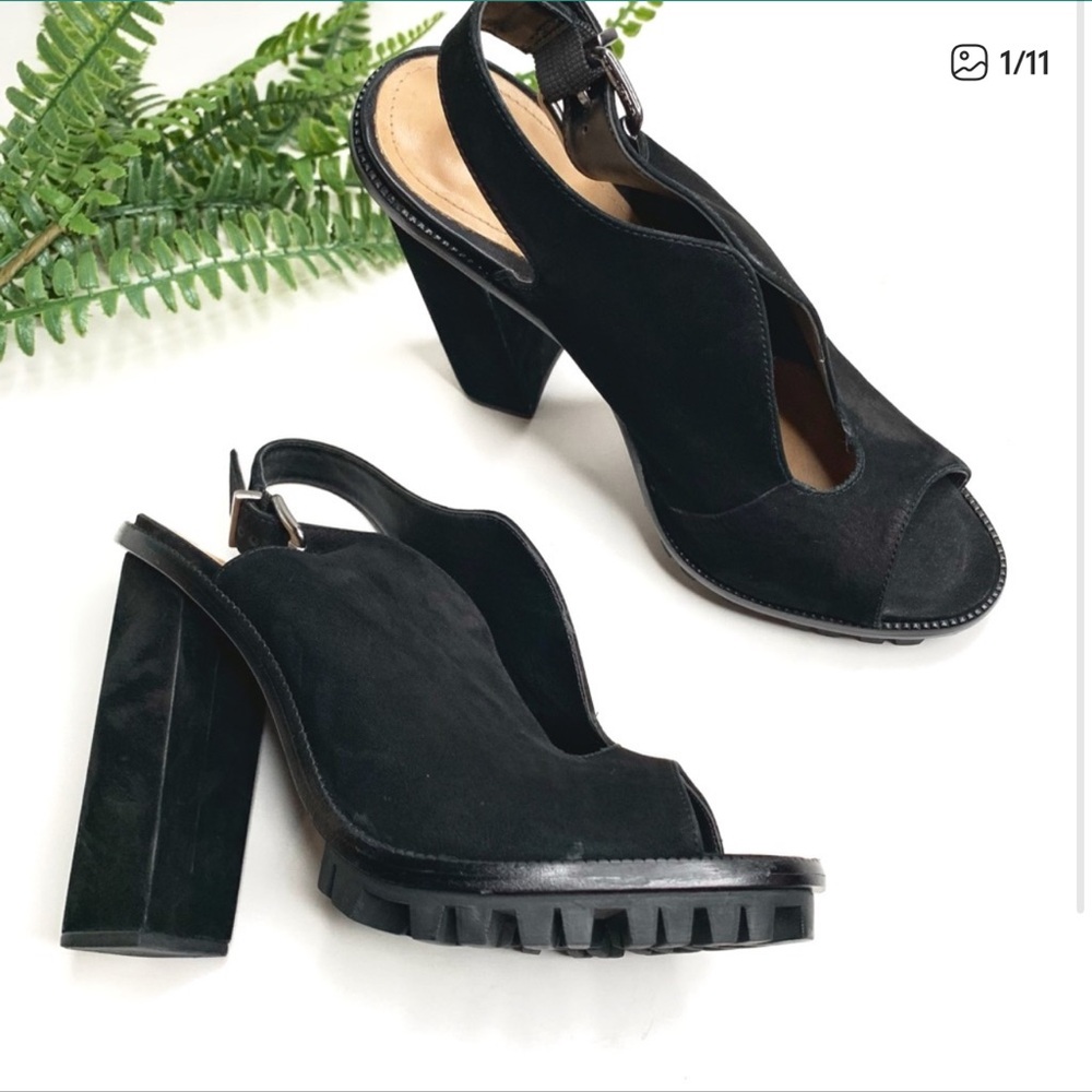 Black Suede Block-Heel Slingback Sandals